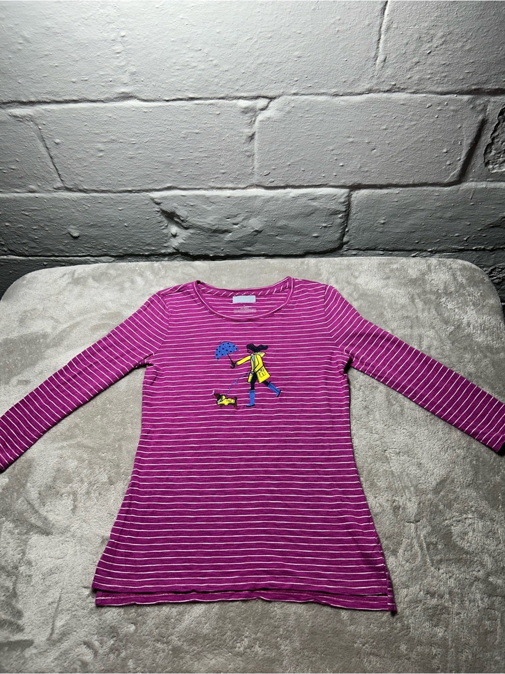 Petite P Embroidered Rainy Day Dog Top Purple White Stripe